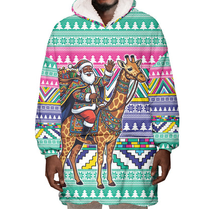 South Africa Christmas Santa Giraffe Wearable Blanket Hoodie Ndebele Geometric Patterns