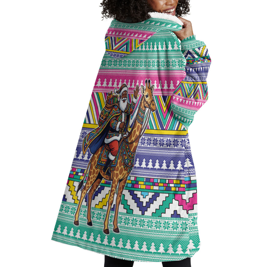 South Africa Christmas Santa Giraffe Wearable Blanket Hoodie Ndebele Geometric Patterns