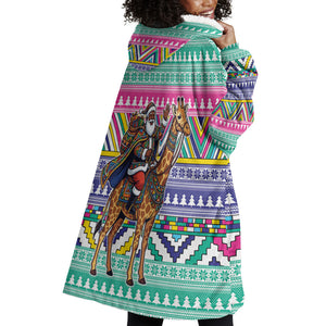 South Africa Christmas Santa Giraffe Wearable Blanket Hoodie Ndebele Geometric Patterns