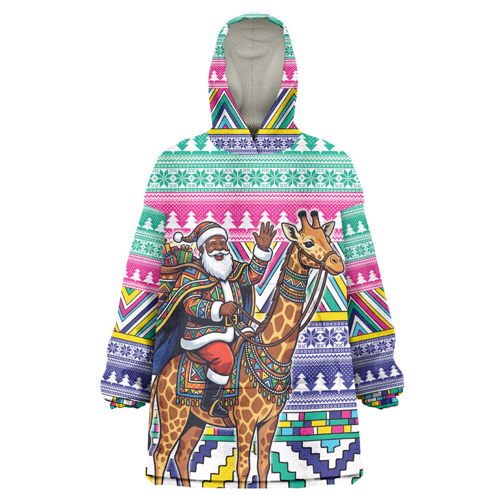 South Africa Christmas Santa Giraffe Wearable Blanket Hoodie Ndebele Geometric Patterns