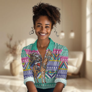 South Africa Christmas Santa Giraffe Women Casual Shirt Ndebele Geometric Patterns