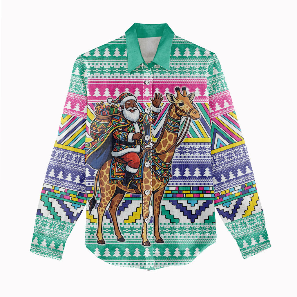 South Africa Christmas Santa Giraffe Women Casual Shirt Ndebele Geometric Patterns