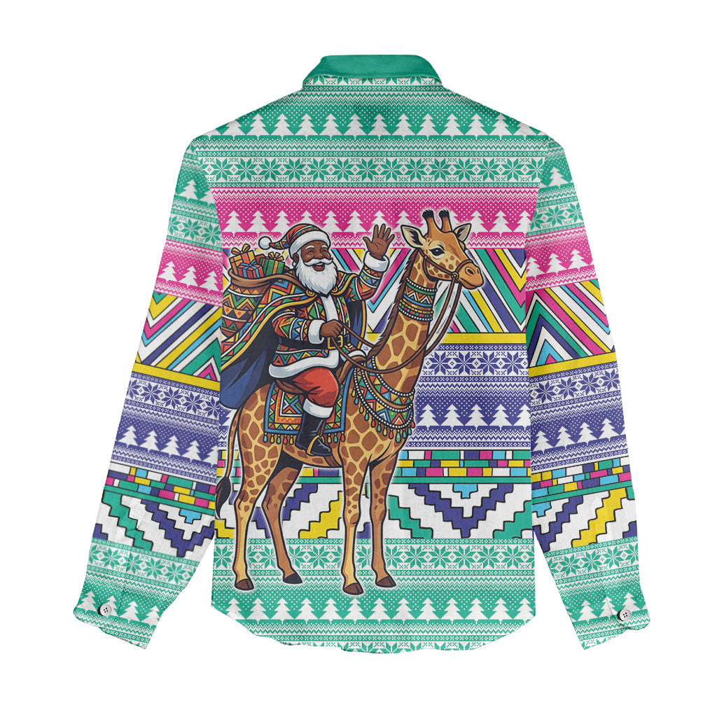 South Africa Christmas Santa Giraffe Women Casual Shirt Ndebele Geometric Patterns