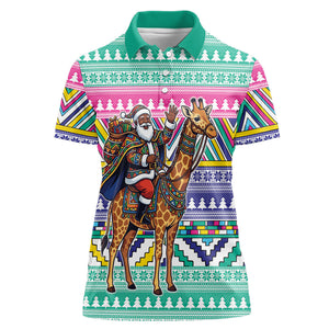 South Africa Christmas Santa Giraffe Women Polo Shirt Ndebele Geometric Patterns