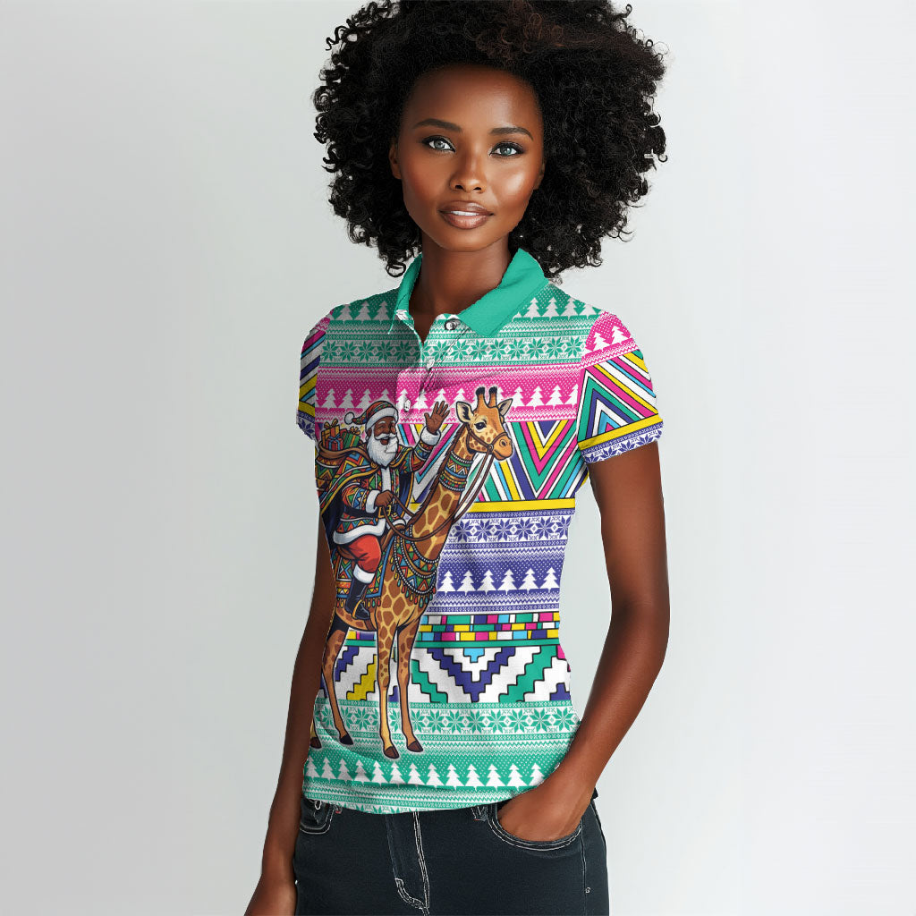 South Africa Christmas Santa Giraffe Women Polo Shirt Ndebele Geometric Patterns