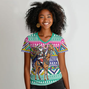 South Africa Christmas Santa Giraffe Women V-Neck T-Shirt Ndebele Geometric Patterns