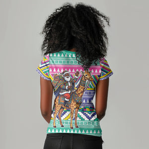 South Africa Christmas Santa Giraffe Women V-Neck T-Shirt Ndebele Geometric Patterns