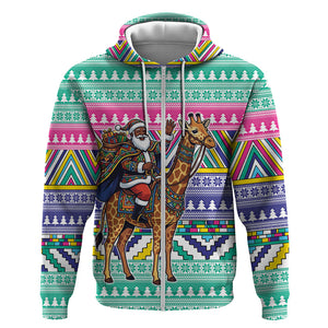 South Africa Christmas Santa Giraffe Zip Hoodie Ndebele Geometric Patterns
