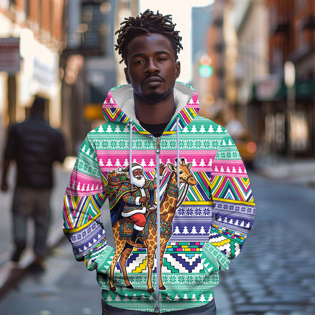 South Africa Christmas Santa Giraffe Zip Hoodie Ndebele Geometric Patterns