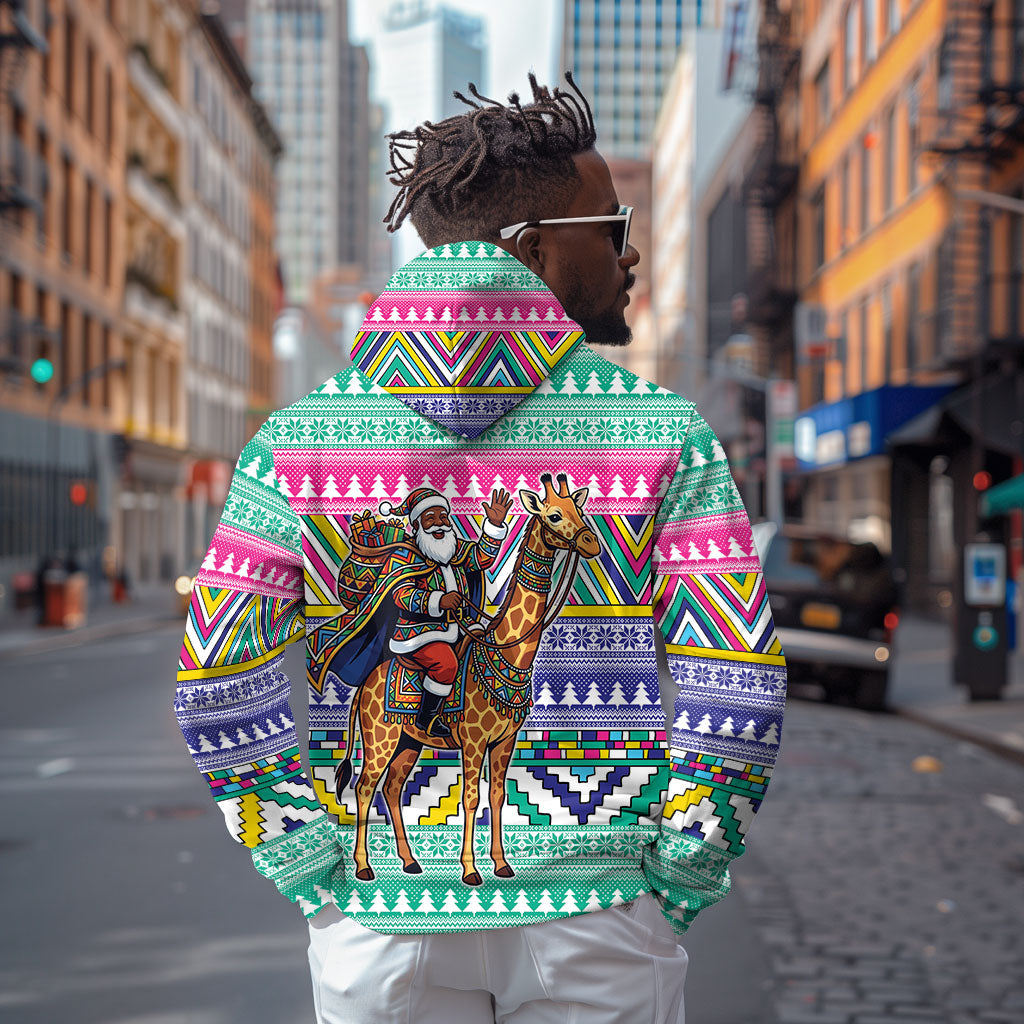 South Africa Christmas Santa Giraffe Zip Hoodie Ndebele Geometric Patterns