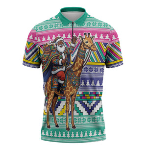 South Africa Christmas Santa Giraffe Zipper Polo Shirt Ndebele Geometric Patterns