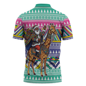 South Africa Christmas Santa Giraffe Zipper Polo Shirt Ndebele Geometric Patterns
