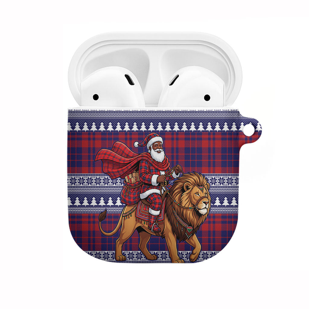 Kenya Christmas Santa Lion AirPods Case Maasai Shuka Inspired Red Check