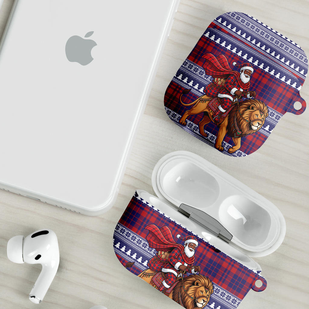 Kenya Christmas Santa Lion AirPods Case Maasai Shuka Inspired Red Check