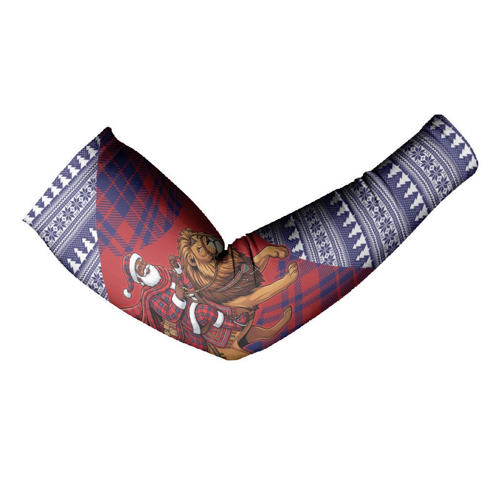 Kenya Christmas Santa Lion Arm Sleeves Maasai Shuka Inspired Red Check