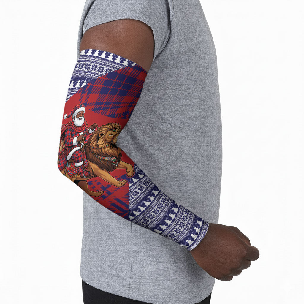 Kenya Christmas Santa Lion Arm Sleeves Maasai Shuka Inspired Red Check