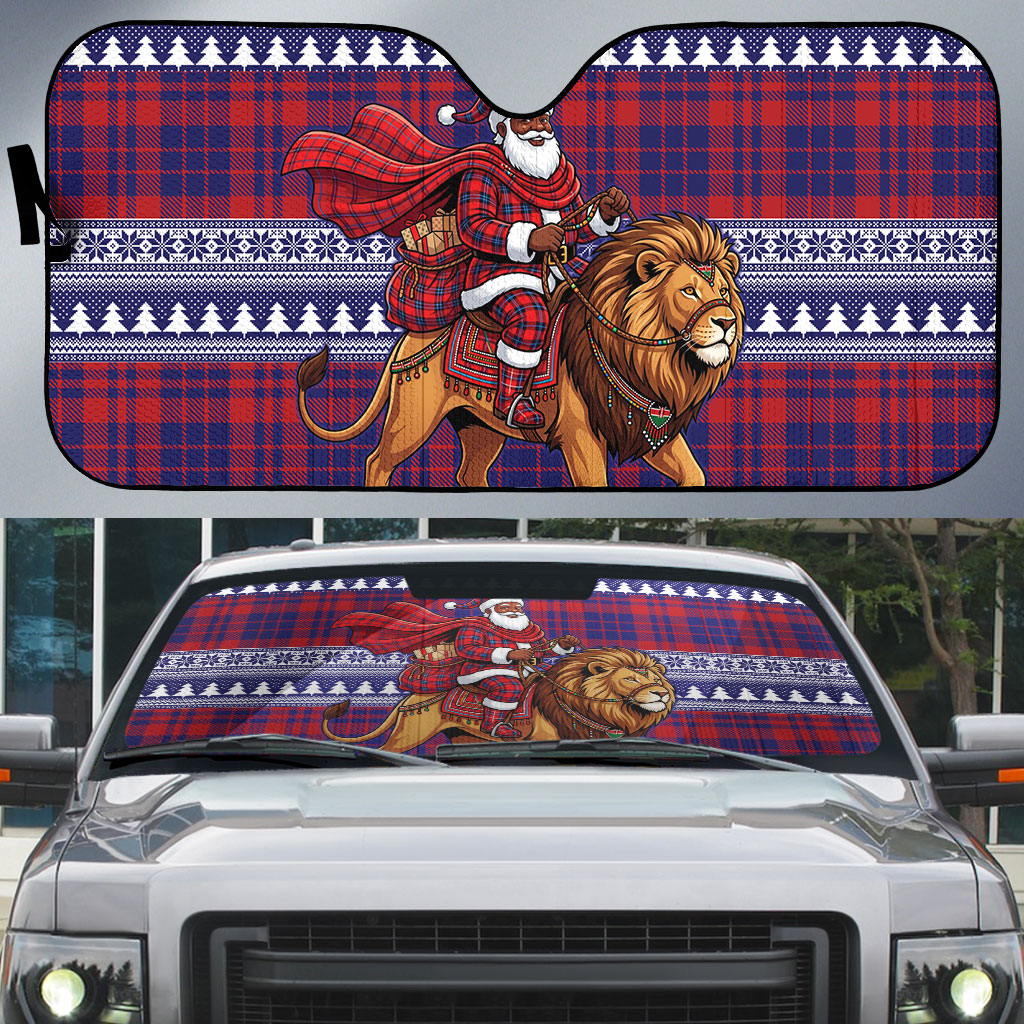 Kenya Christmas Santa Lion Auto Sun Shade Maasai Shuka Inspired Red Check
