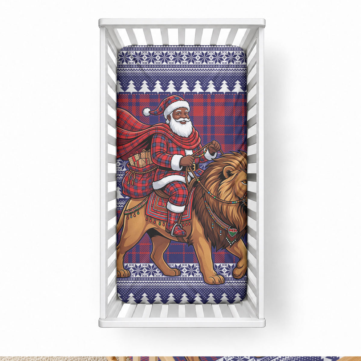 Kenya Christmas Santa Lion Baby Bed Cover Maasai Shuka Inspired Red Check