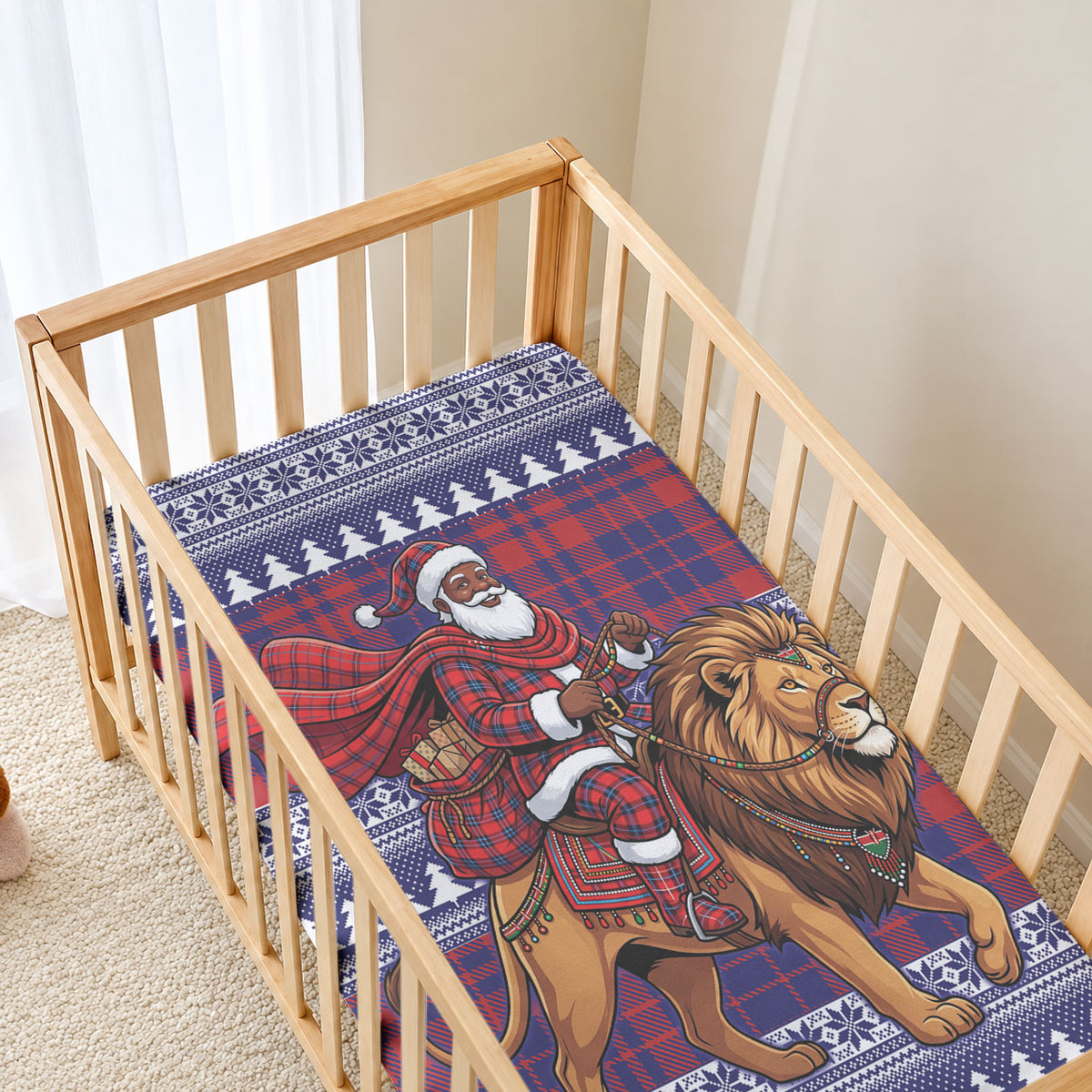 Kenya Christmas Santa Lion Baby Bed Cover Maasai Shuka Inspired Red Check