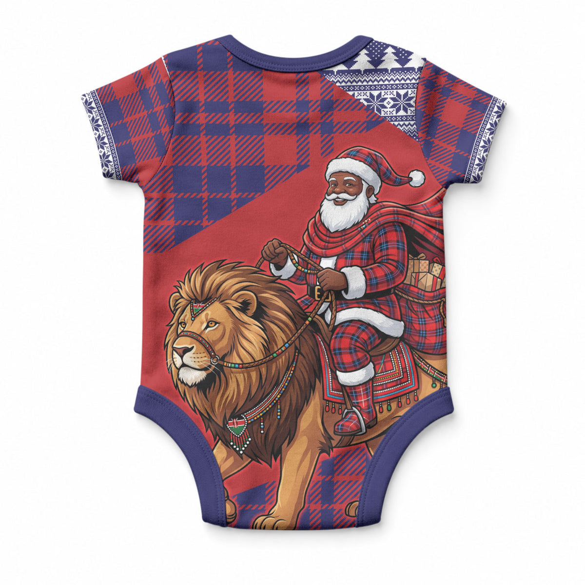 Kenya Christmas Santa Lion Baby Onesie Maasai Shuka Inspired Red Check