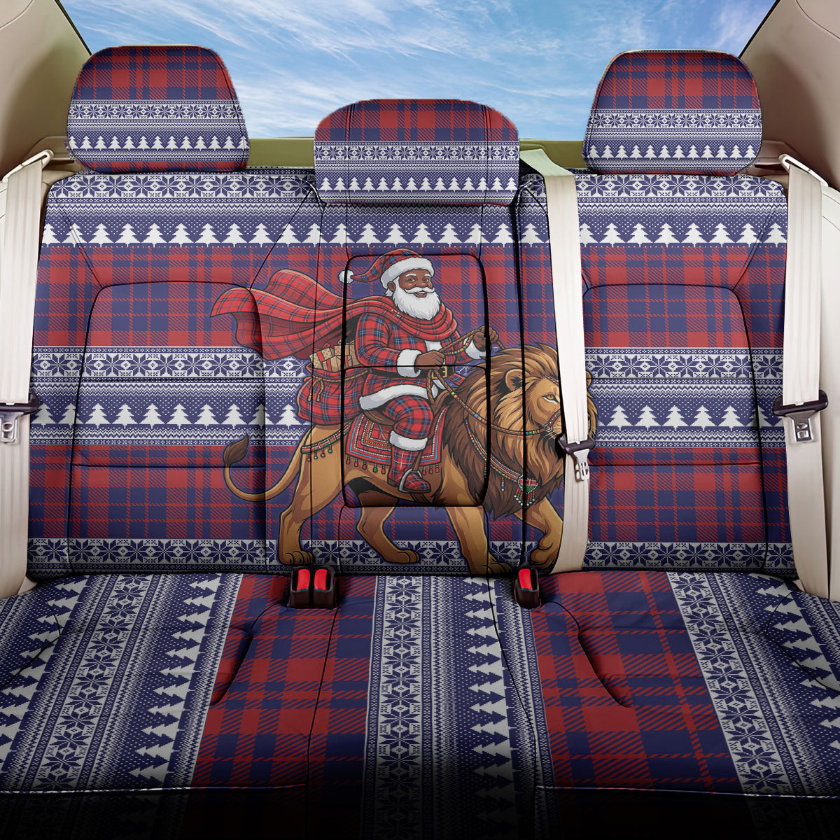 Kenya Christmas Santa Lion Back Car Seat Cover Maasai Shuka Inspired Red Check