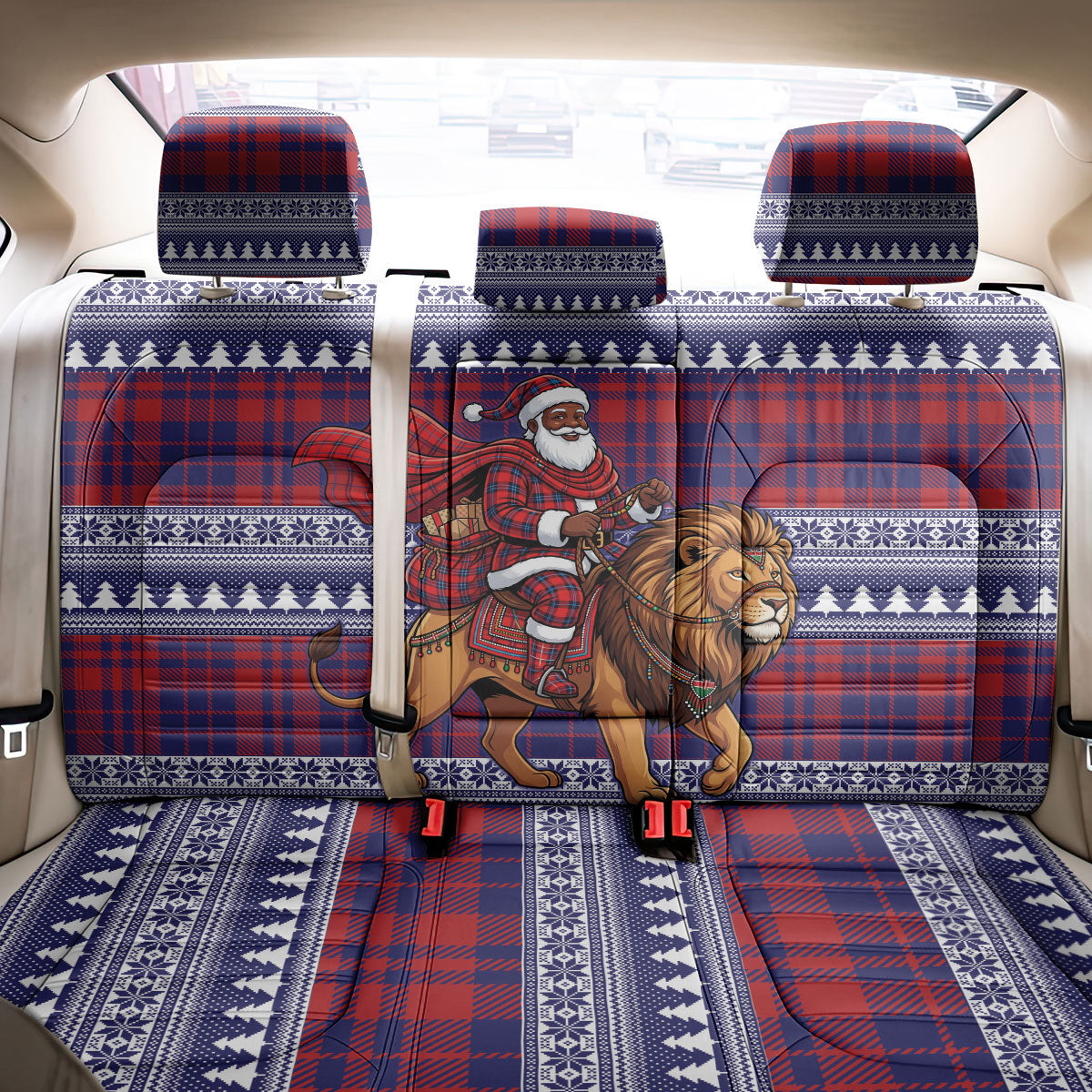 Kenya Christmas Santa Lion Back Car Seat Cover Maasai Shuka Inspired Red Check