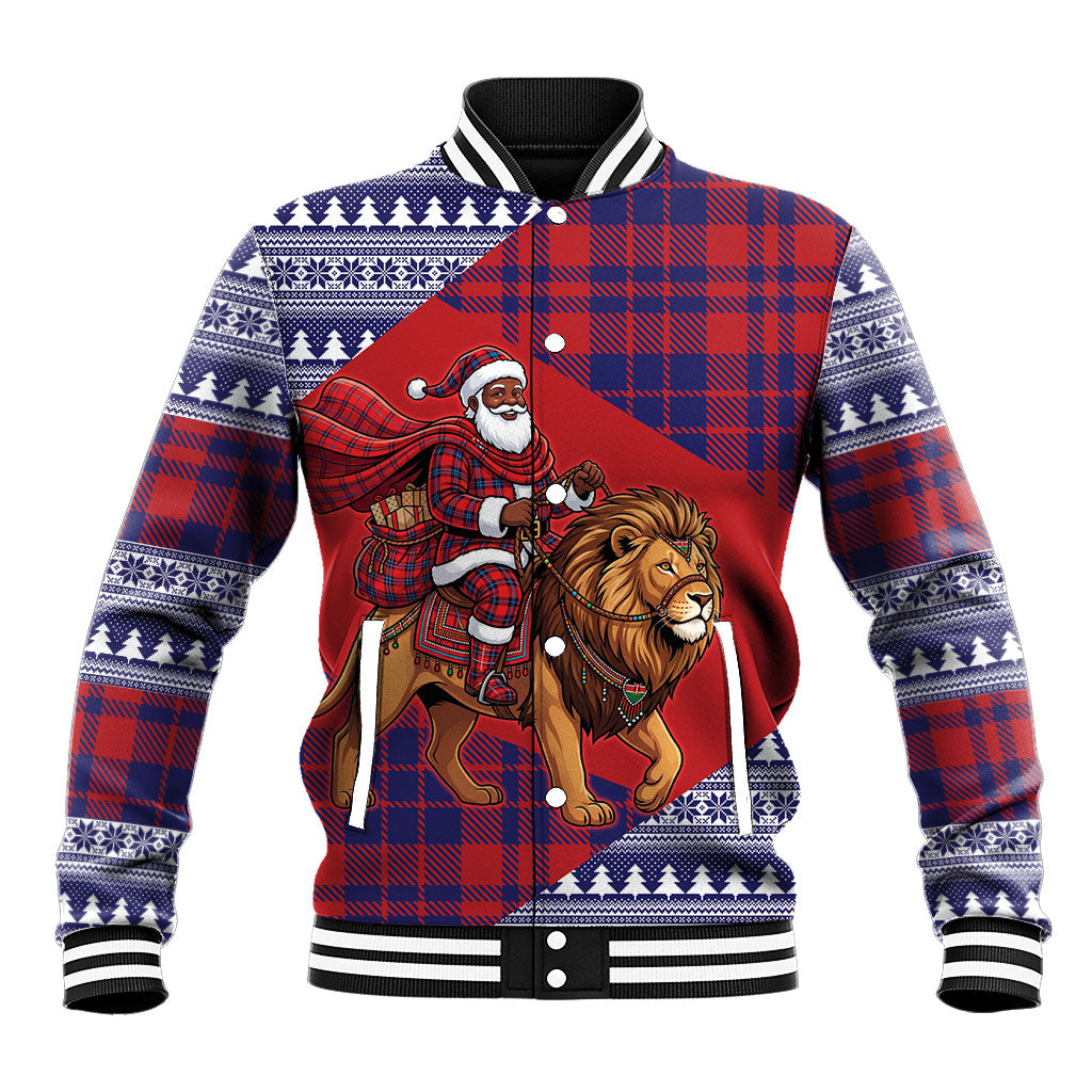 Kenya Christmas Santa Lion Baseball Jacket Maasai Shuka Inspired Red Check