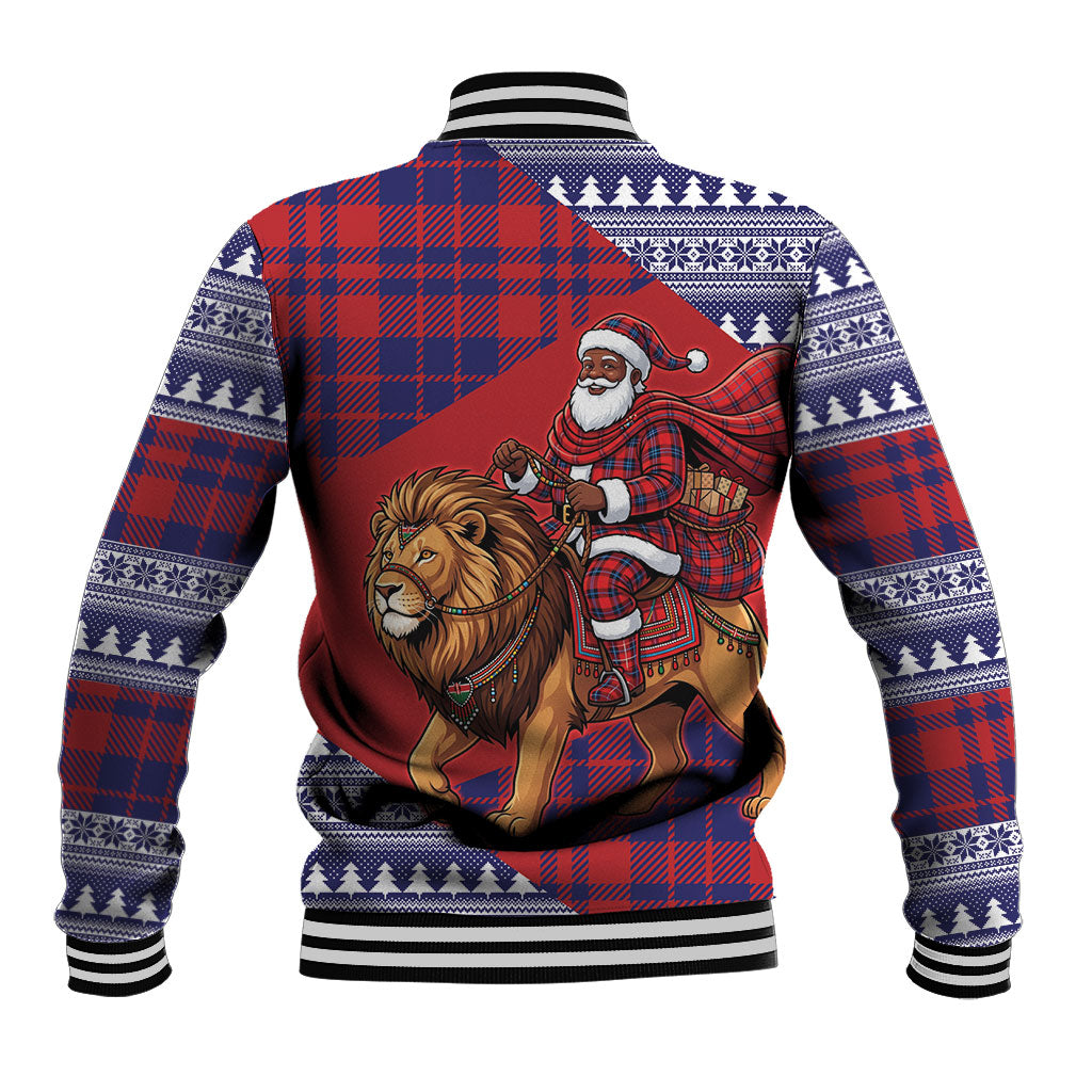 Kenya Christmas Santa Lion Baseball Jacket Maasai Shuka Inspired Red Check