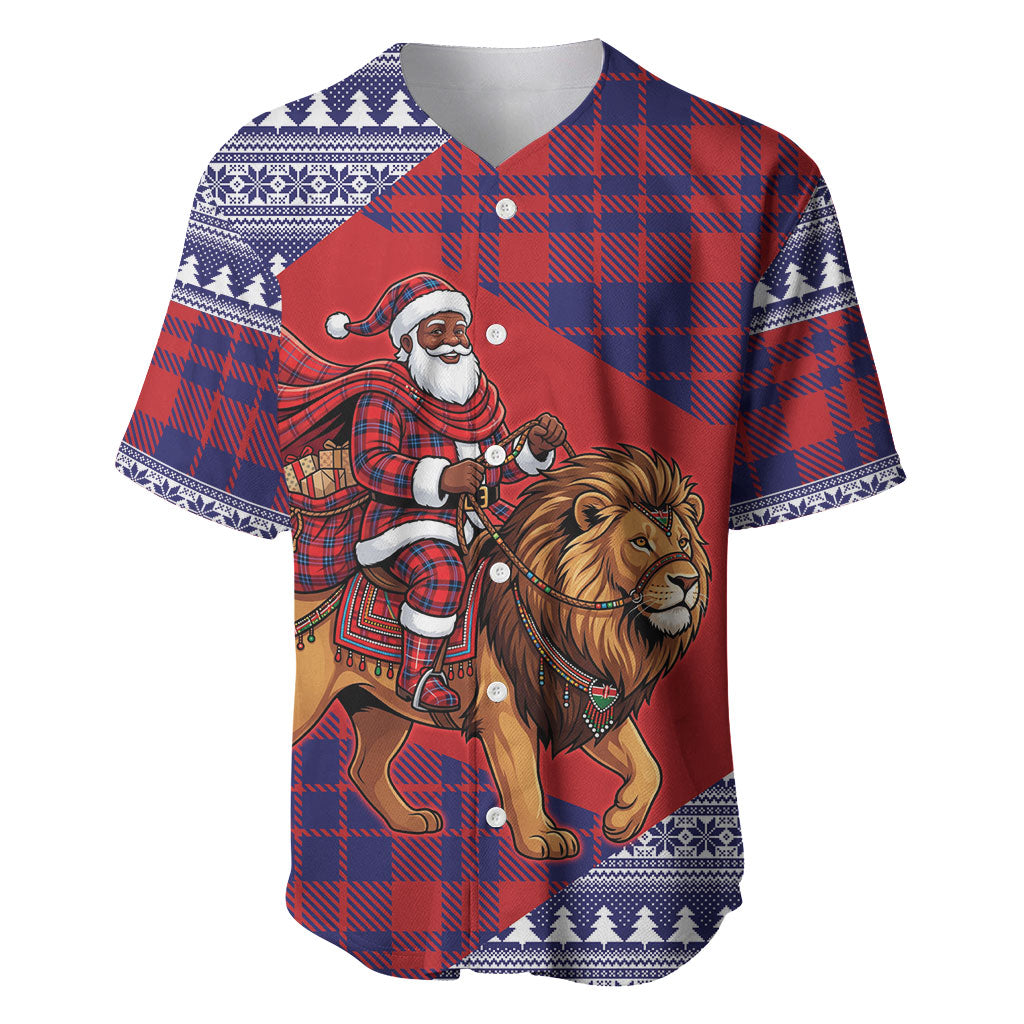 Kenya Christmas Santa Lion Baseball Jersey Maasai Shuka Inspired Red Check