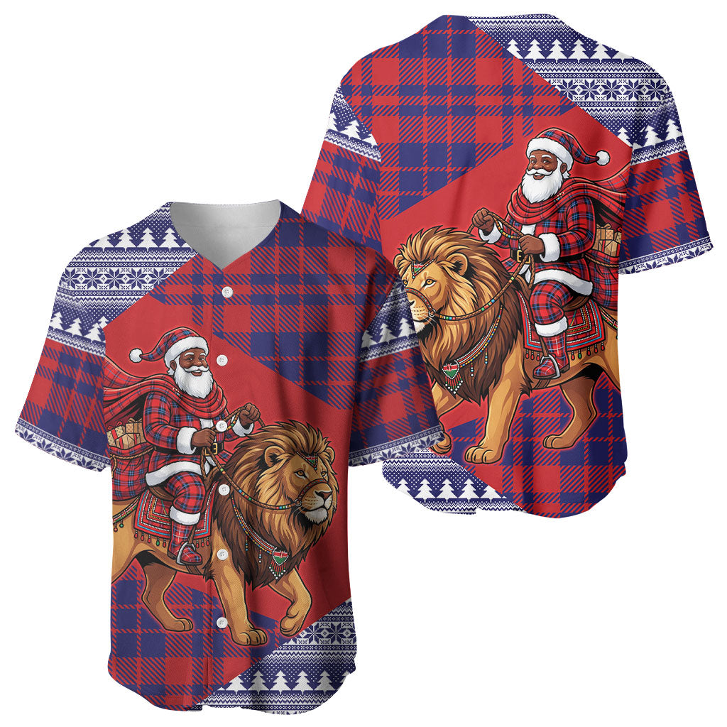 Kenya Christmas Santa Lion Baseball Jersey Maasai Shuka Inspired Red Check