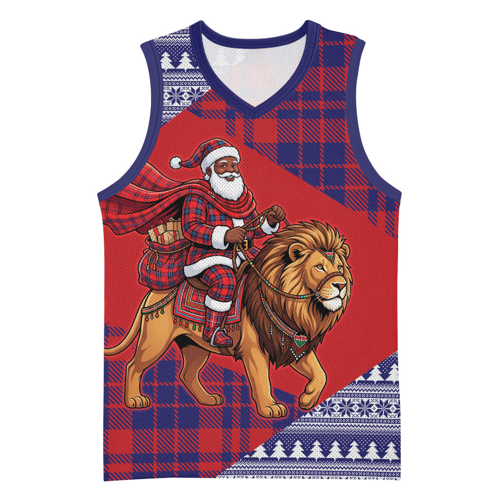 Kenya Christmas Santa Lion Basketball Jersey Maasai Shuka Inspired Red Check