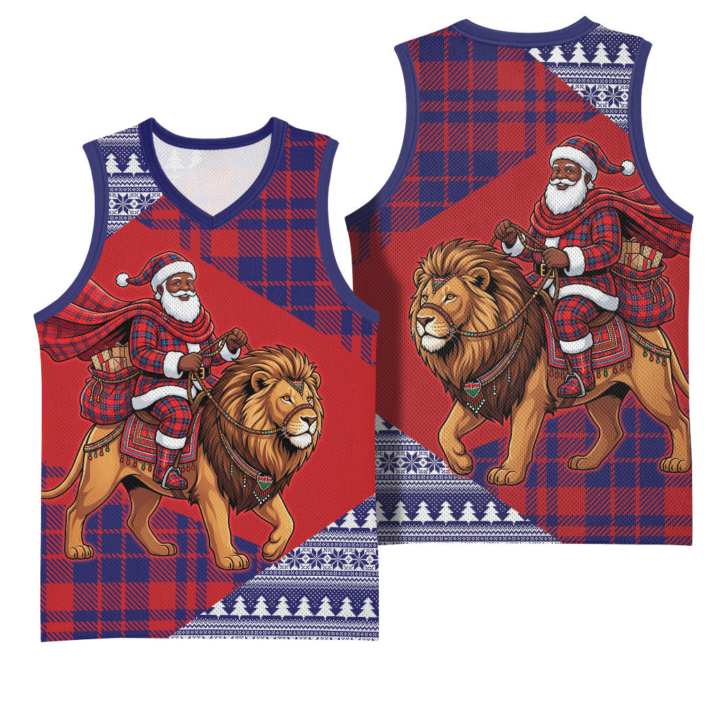 Kenya Christmas Santa Lion Basketball Jersey Maasai Shuka Inspired Red Check
