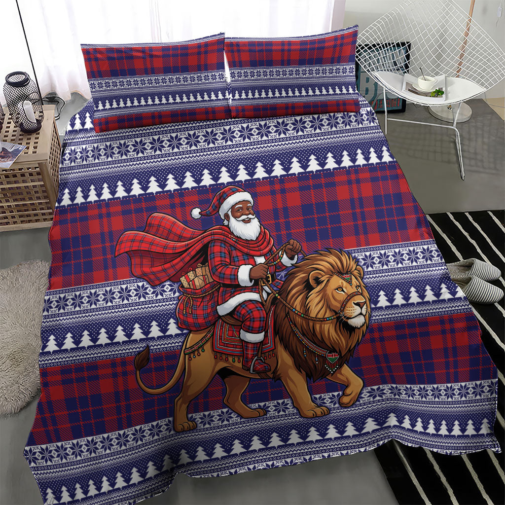 Kenya Christmas Santa Lion Bedding Set Maasai Shuka Inspired Red Check
