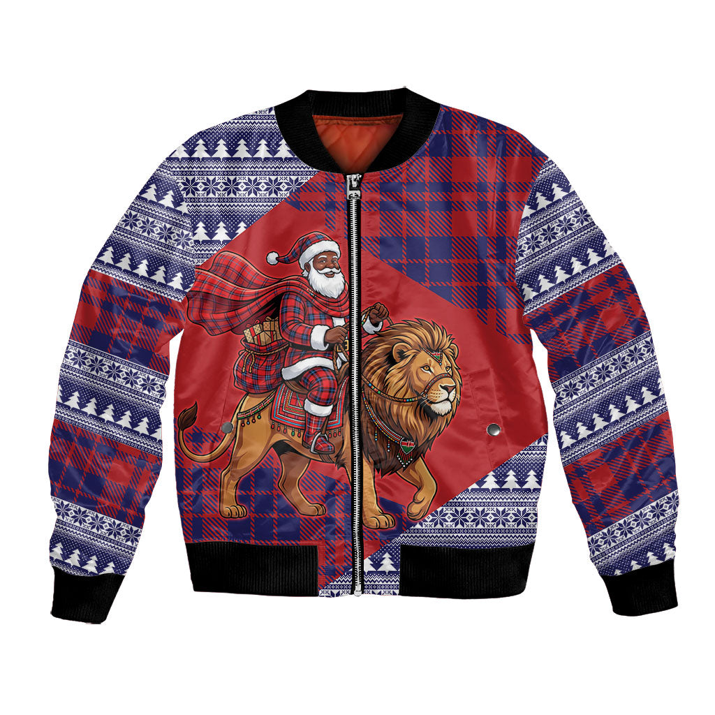 Kenya Christmas Santa Lion Bomber Jacket Maasai Shuka Inspired Red Check