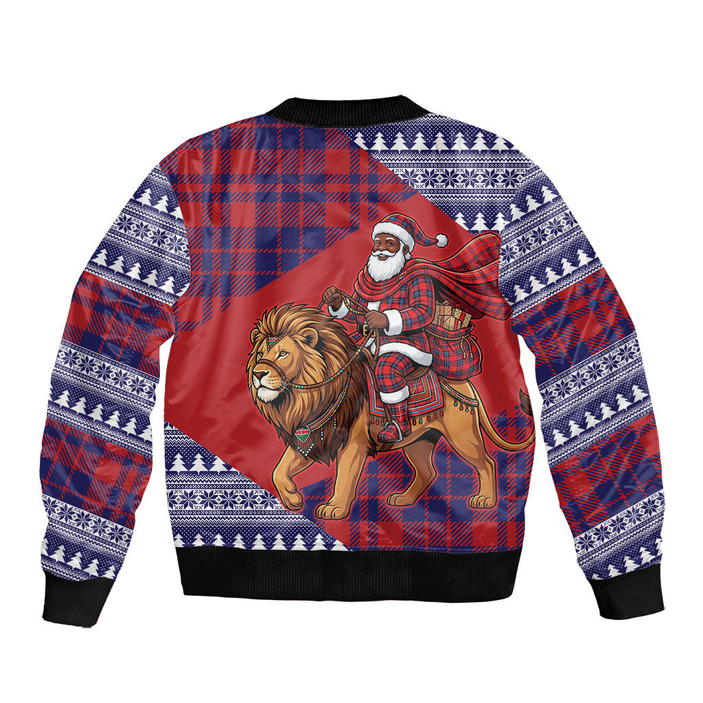 Kenya Christmas Santa Lion Bomber Jacket Maasai Shuka Inspired Red Check