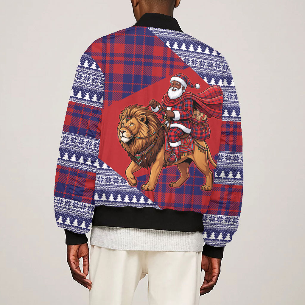 Kenya Christmas Santa Lion Bomber Jacket Maasai Shuka Inspired Red Check
