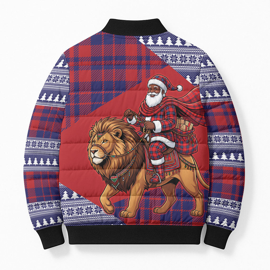 Kenya Christmas Santa Lion Bomber Puffer Jacket Maasai Shuka Inspired Red Check