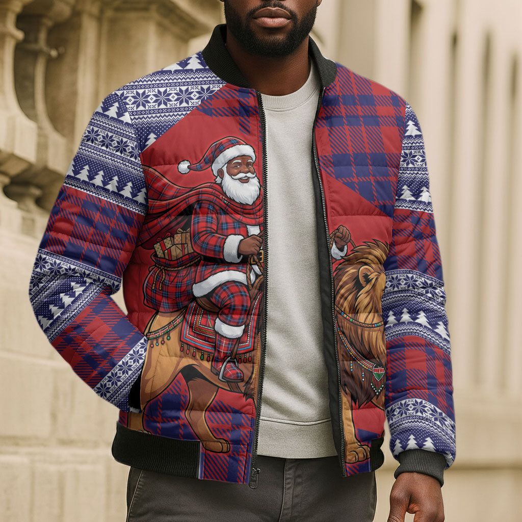 Kenya Christmas Santa Lion Bomber Puffer Jacket Maasai Shuka Inspired Red Check