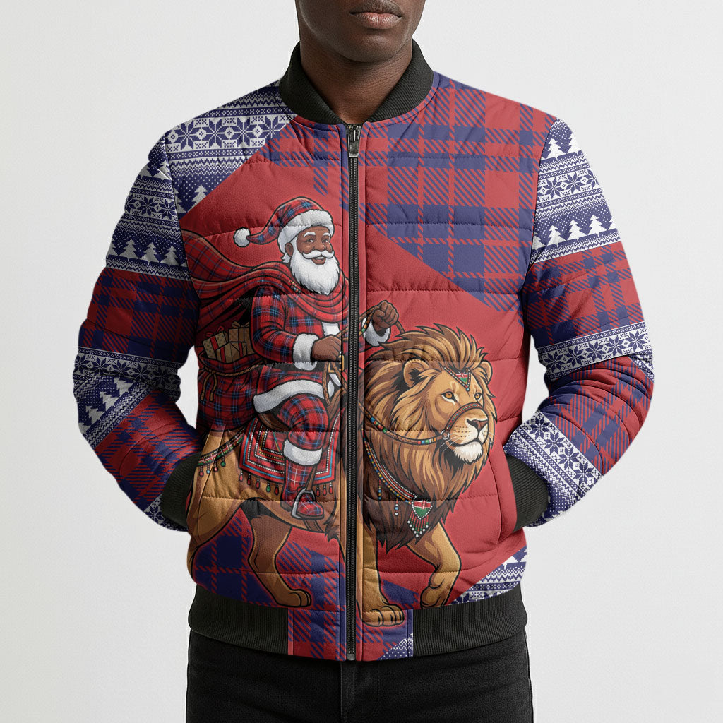Kenya Christmas Santa Lion Bomber Puffer Jacket Maasai Shuka Inspired Red Check