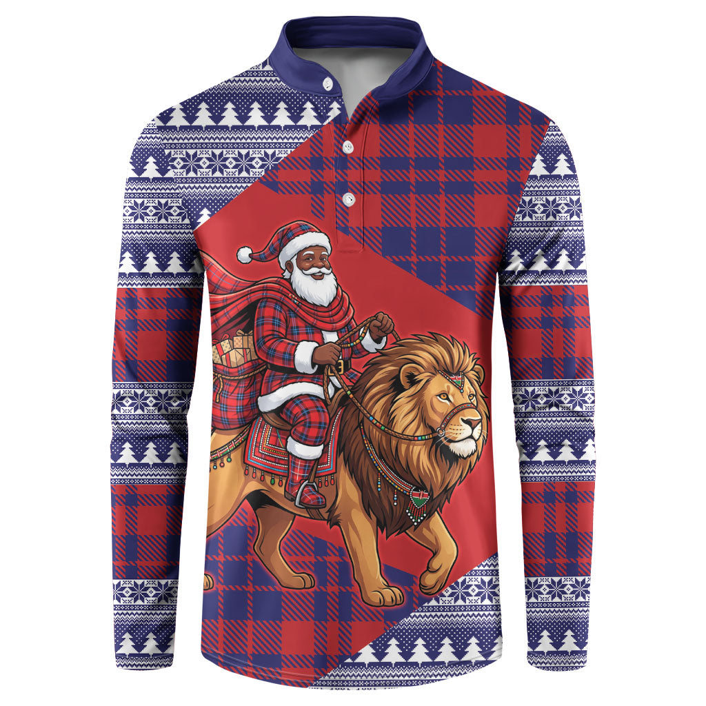 Kenya Christmas Santa Lion Button Sweatshirt Maasai Shuka Inspired Red Check