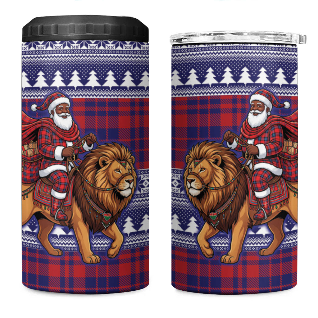Kenya Christmas Santa Lion 4 in 1 Can Cooler Tumbler Maasai Shuka Inspired Red Check