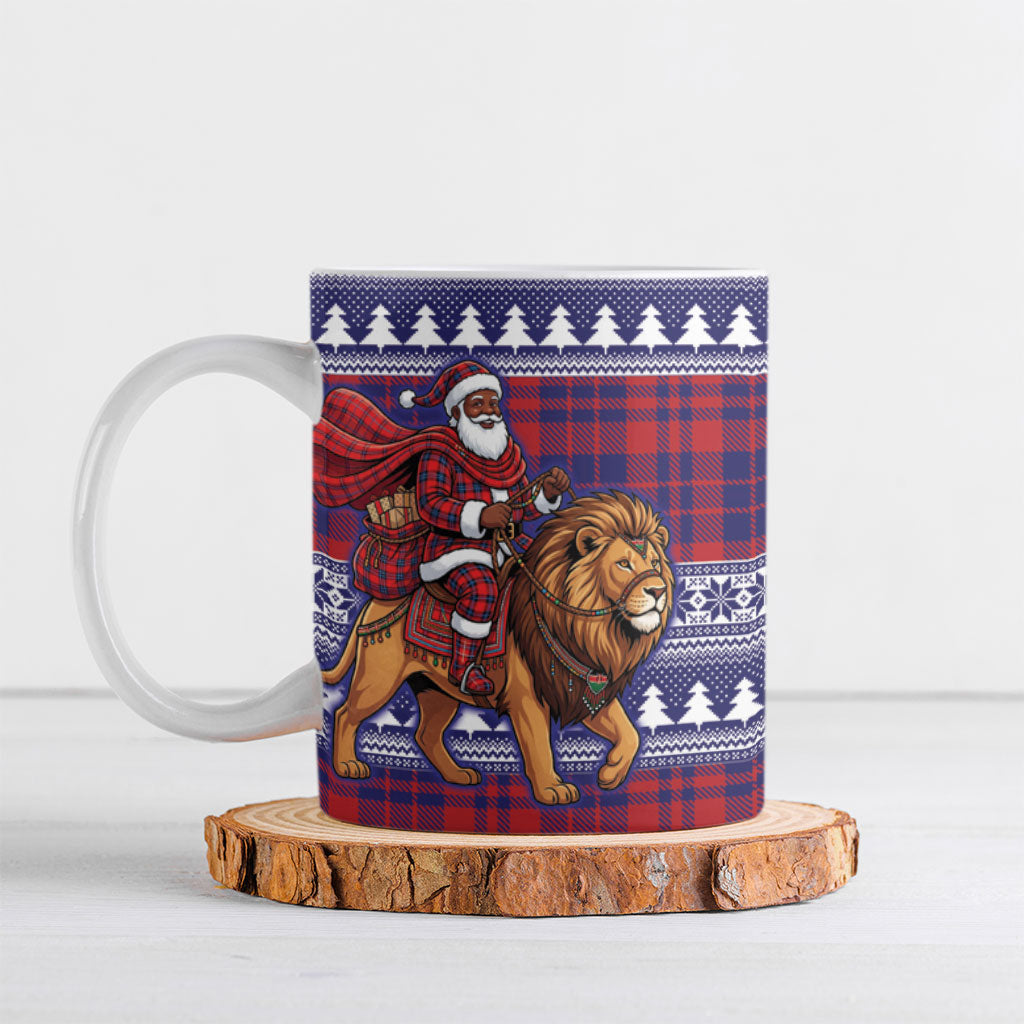 Kenya Christmas Santa Lion Ceramic Mug Maasai Shuka Inspired Red Check