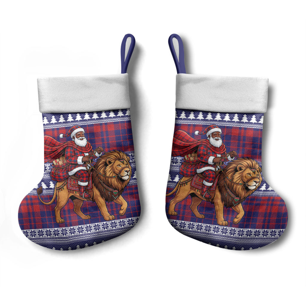 Kenya Christmas Santa Lion Christmas Stocking Maasai Shuka Inspired Red Check