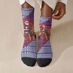 Kenya Christmas Santa Lion Crew Socks Maasai Shuka Inspired Red Check