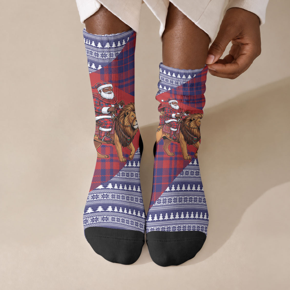 Kenya Christmas Santa Lion Crew Socks Maasai Shuka Inspired Red Check