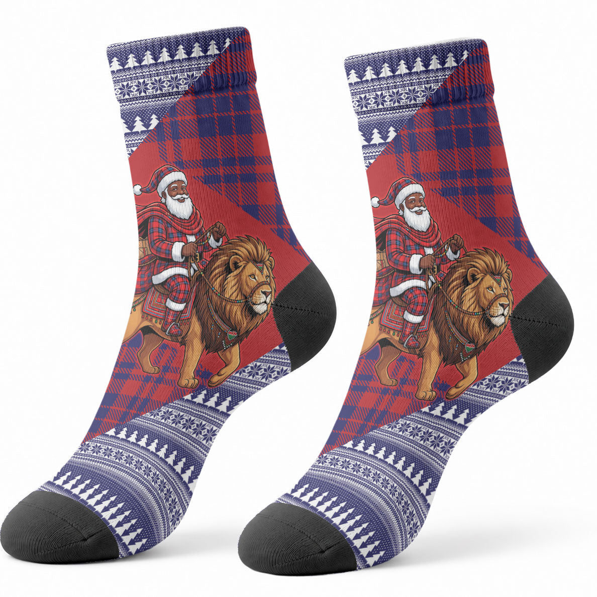 Kenya Christmas Santa Lion Crew Socks Maasai Shuka Inspired Red Check