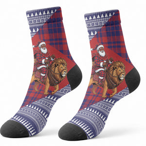 Kenya Christmas Santa Lion Crew Socks Maasai Shuka Inspired Red Check