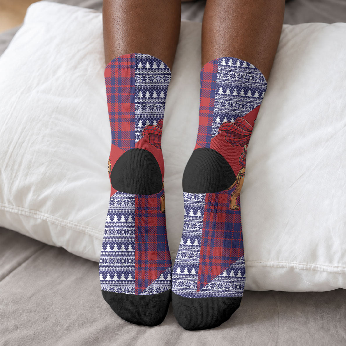 Kenya Christmas Santa Lion Crew Socks Maasai Shuka Inspired Red Check