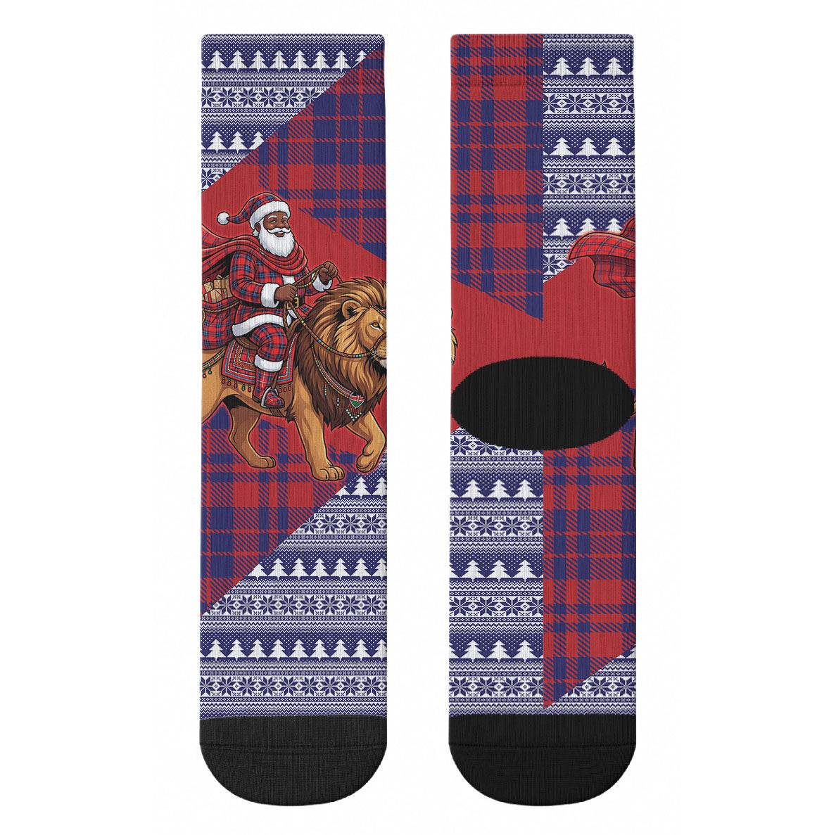 Kenya Christmas Santa Lion Crew Socks Maasai Shuka Inspired Red Check