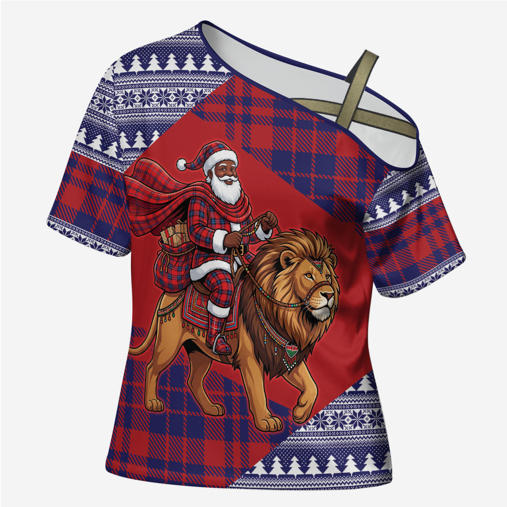 Kenya Christmas Santa Lion Cross Shoulder Shirt Maasai Shuka Inspired Red Check